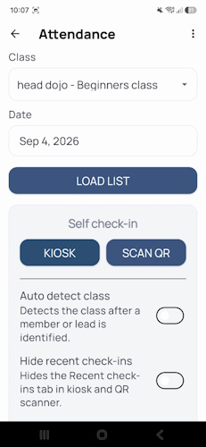 Class attendance tracking in the DojoExpert app