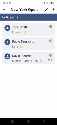 Martial arts competition results in the DojoExpert app